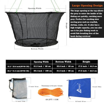 Drasry Fishing Net Trap for Crayfish Crab Bait Minnow Shrimp Foldable Fish Crawdad Lobsters Cast Net Collapsible - size: 39.4 * 31.5 in(100 * 80 CM), style: Large Open - Rubber Coated 6*4 Mm Mesh