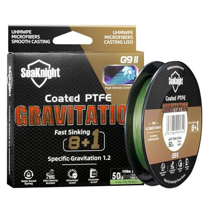 SeaKnight G9 II 8+1 Braide line, 9 Strands Braided Fishing Line Fast Sinking Fishing Line 164Yds/328Yds Seawater-Proof UV-Proof Coated PTFE Sea Fishing Line Braid 17-80LB - color: Low-vis Green, size: 17LB(0.14mm)-164Yds
