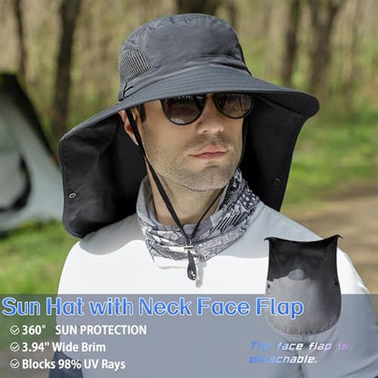 ALANDUO Wide Brim XXL Sun Hats for Men Big Head, UPF 50+ Fishing Sun Hat with Neck Face Flap, Safari Boonie Hat for Men Women - color: Dark Grey