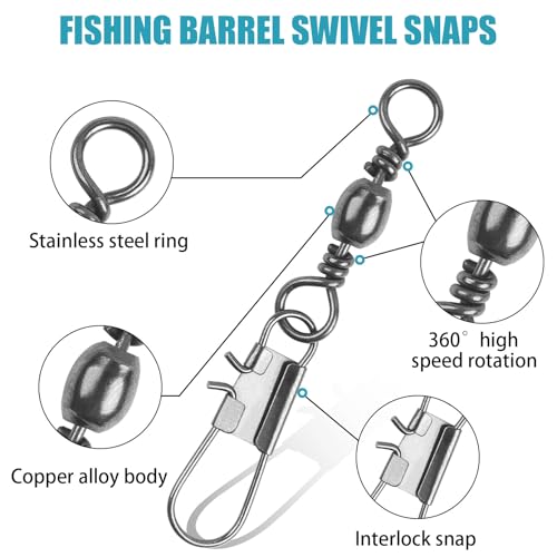 Fishing Swivels Snap, Barrel Swivels Fishing Tackle, Stainless Steel Safty Interlock Snaps Leader Line Lure Connector Freshwater Saltwater - size: 8#(28lb)-50pcs