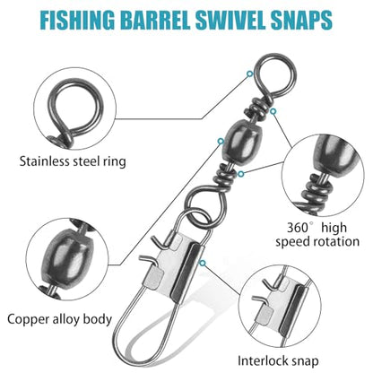 Fishing Swivels Snap, Barrel Swivels Fishing Tackle, Stainless Steel Safty Interlock Snaps Leader Line Lure Connector Freshwater Saltwater - size: 8#(28lb)-50pcs