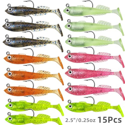 15Pcs Pre-Rigged Jig Head Soft Mini Fishing Lures，2.5"/0.25oz Paddle Tail Swimbaits/3D Eyes,Ice Fishing Jigs Lures Kit,Fishing Bait for Bass,Pike, Bluegill and Sunfish Freshwater Saltwater