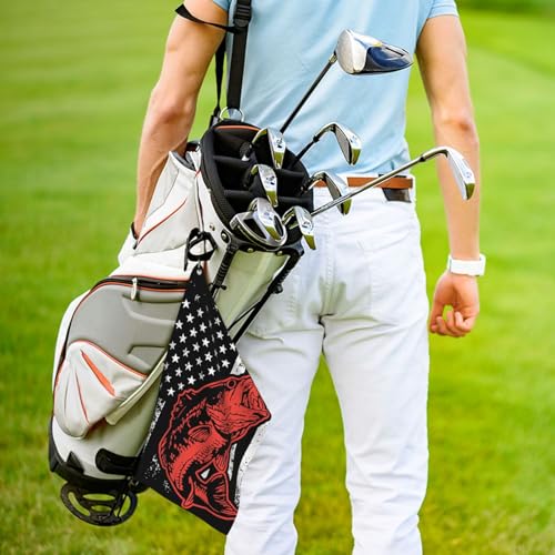Fishing Lure and American Flag Microfiber Golf Towel with Carabiner Clip, 16x24 Inch Absorbent Waffle Weave Towel for Golf Bags