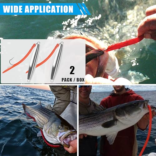 Diamond Jigs Saltwater Fishing Lures, 2Pack Casting Jigging Spoon with Tube Tail Striped Bass Metal Jig Spoons Deep Sea Offshore Surf Fishing 1oz-4oz - size: 2 Ounce, style: Red Tube, 2pack
