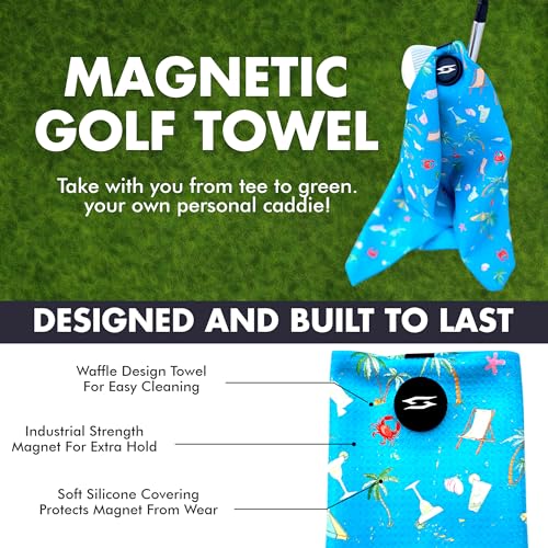 Magnetic Microfiber Waffle Golf Towel – Funny Large 16"x24" Clean Golf Club Ball Magnet Clip to Hang on Bag Cart Strong Premium Strength Ultra Absorbent Gear Black Disc Men (Teal Baches) - color: Teal Baches