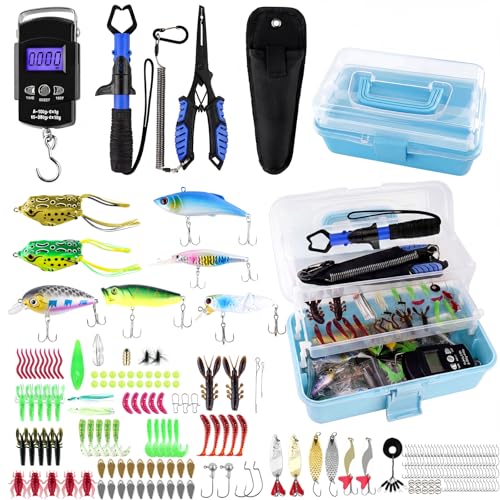 3-Layer Fishing Tackle Box with Tackle Included, Fishing Tools Kit Includes Pliers Fish Lip Gripper Scale Crankbait Spinnerbaits Soft Baits Hooks, Ideal Gift for Angler Saltwater Freshwater (Blue) - color: Blue