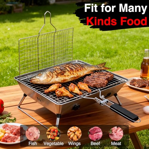Grill Basket Set – Stainless Steel Folding BBQ Basket with Basting Brush & Heat-Resistant Gloves, Portable Outdoor Rack for Fish, Vegetables, Shrimp, Gift for Dad, Husband, Friends