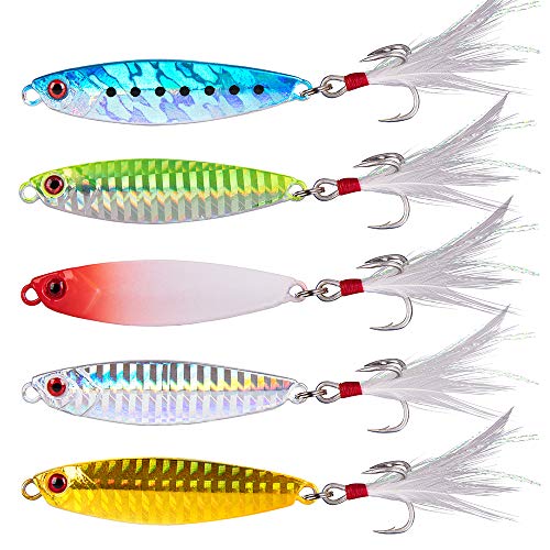 Dr.Fish 5 Pack Metal Jigging Spoon Saltwater Fishing Jigs Spoons Lures Casting Vertical Diamond Jig Lures Freshwater Bass Striper Mackerel Halibut - color: Long Casting Jig, size: 1.4oz-Hook #6