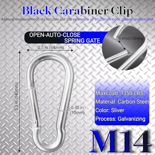 12 Pack 5.5" Heavy Duty Carabiner Clips, M14 Sliver Galvanized Steel Spring Snap Hooks, Rust-Resistant Keychain Clips for Hammock, Camping, Hiking, Fishing, Swing Set - color: Silver, size: M14-5.5"
