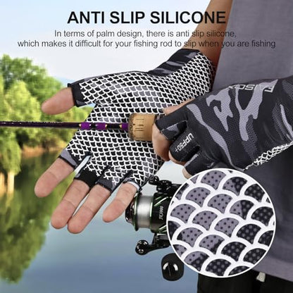 Fly Fishing Gloves Men Sun Sleeves Fingerless UPF Camo Quick-Drying UV Sun Protection for Kayak Rowing Adults Women - color: Black Camo, size: Small