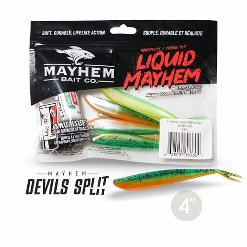 Liquid Mayhem Devils Split 4” – Soft Plastic Lures for Bass & Walleye with Fast Darting Action – Includes Bonus 10ml Attractant – 6 Baits Each Pack - size: 4" Kit - 3 Pack, style: Fire Tiger