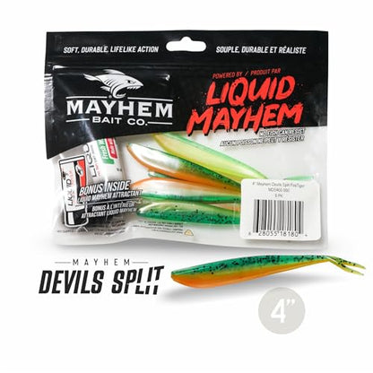 Liquid Mayhem Devils Split 4” – Soft Plastic Lures for Bass & Walleye with Fast Darting Action – Includes Bonus 10ml Attractant – 6 Baits Each Pack - size: 4" Kit - 3 Pack, style: Fire Tiger