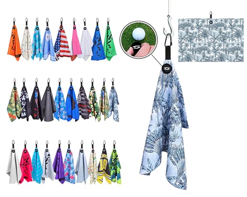 Magnetic Microfiber Waffle Golf Towel – Large 16"x24" Clean Golf Club Ball Magnet Clip to Hang on Bag Cart Strong Premium Ultra Absorbent Gear Blue Tropical Men (Blue Palms) - color: Blue Palms
