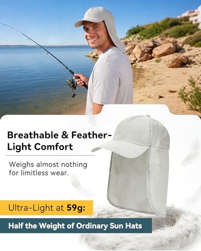 Zando Sun Hats with Neck Flap for Men UPF 50+ Waterproof Baseball Cap Adjustable Breathable Outdoor Hiking Fishing Hat - color: Light Grey