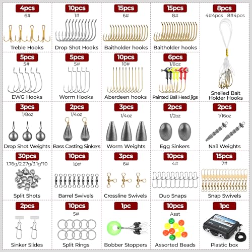 MadBite by KastKing 182/265/400pcs Compact Fishing Tackle Kit - All-in-One Freshwater Hooks, Weights, Bobbers in Tackle Box, Fishing Gear Set for Bass Trout Panfish - style: 182pcs Terminal Tackle Kit