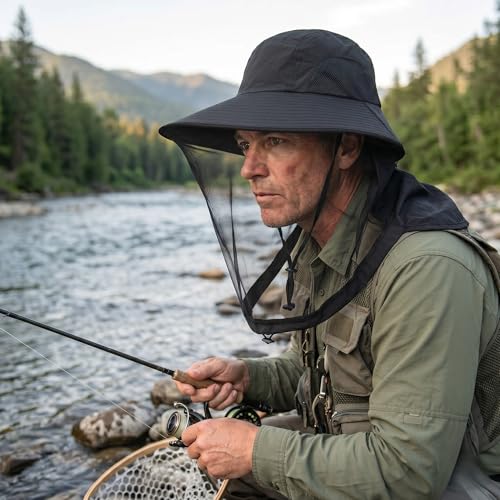 Mosquito Fishing Safari Mesh Net Hat with Neck Flap, Sun Protection Women Men Bug Cap, Hidden Netting Boonie - color: Black