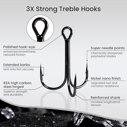 Pristis 3X Strong Fishing Treble Hooks, High Carbon Steel Sharp Barbed Tripple Round Bend Hook Kit Set for Lure Bait, Needle Point for Saltwater Freshwater Bass Trout Tuna Catfish Pike - size: 5/0 - 8 Pack