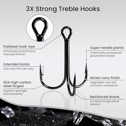 Pristis 3X Strong Fishing Treble Hooks, High Carbon Steel Sharp Barbed Tripple Round Bend Hook Kit Set for Lure Bait, Needle Point for Saltwater Freshwater Bass Trout Tuna Catfish Pike - size: 3/0 - 8 Pack