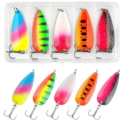 Spoon Fishing Lures, Hard Metal Fishing Spoon Lures with Treble Hooks Casting Spinner Baits for Bass Trout Pike Saltwater Freshwater - size: 3/8oz-5pcs