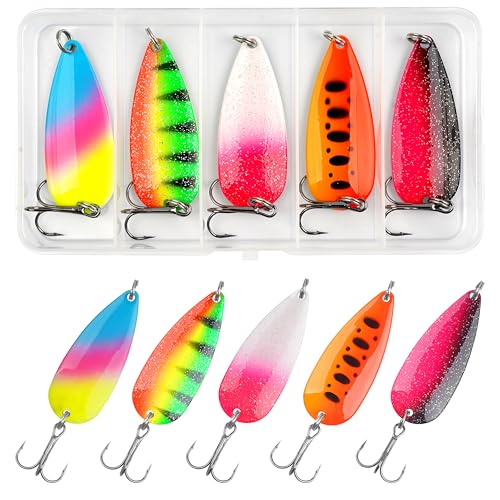 Spoon Fishing Lures, Hard Metal Fishing Spoon Lures with Treble Hooks Casting Spinner Baits for Bass Trout Pike Saltwater Freshwater - size: 1/4oz-5pcs