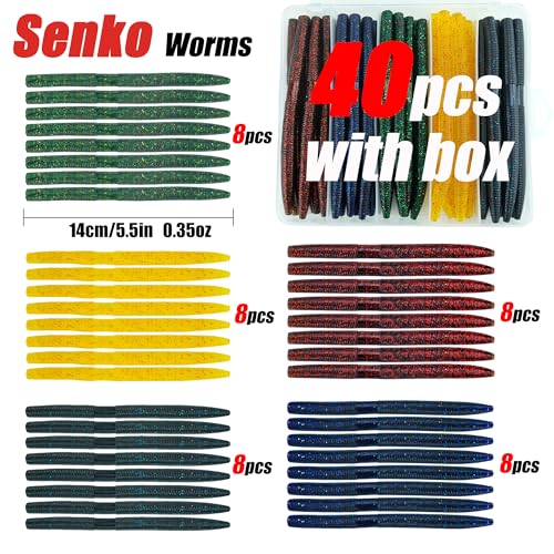 Wacky Worm Bass Lures Kit: 40PCS 5" Senko Worms with Storage Box | Slow-Sink Fishing Baits for Freshwater Saltwater