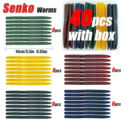 Wacky Worm Bass Lures Kit: 40PCS 5" Senko Worms with Storage Box | Slow-Sink Fishing Baits for Freshwater Saltwater