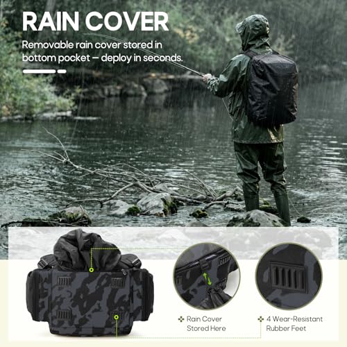 RAINSMORE Fishing Backpack, 45L Large Fishing Bag with 4 Rod Holders & Insulated Cooler Professional Fishing Tackle Backpack with Rain Cover Waterproof Tackle Bag for Men Gift, Black Camouflage - color: Black Camouflage