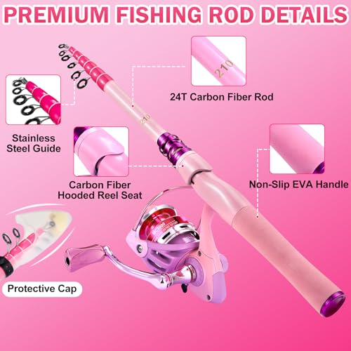 Fishing Rod and Reel Combos, Carbon Fiber Telescopic Fishing Pole Kit with Spinning Reel, Fishing Line, Fishing Lures, Travel Bag for Woman Girl Beginner Saltwater Freshwater - color: MACARON PINK