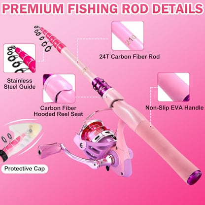 Fishing Rod and Reel Combos, Carbon Fiber Telescopic Fishing Pole Kit with Spinning Reel, Fishing Line, Fishing Lures, Travel Bag for Woman Girl Beginner Saltwater Freshwater - color: MACARON PINK