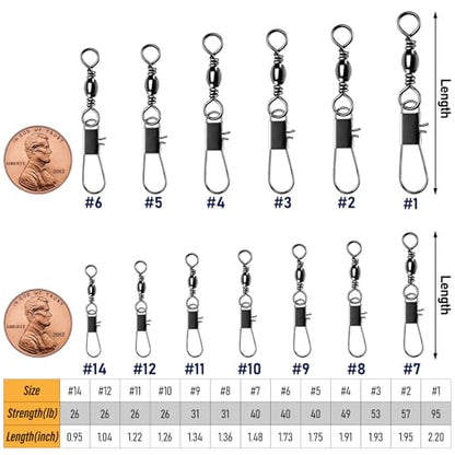Alwonder 100-Pack Fishing Snap Swivels, Barrel Swivels Fishing Tackle with Snaps Freshwater, Stainless Steel Safty Interlock Snap Swivel Black Nickel Coated Lure Hook Connector Quick Change Clips - size: #2-57LB-1.95"