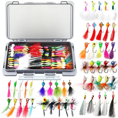 Ice Fishing Jigs Kit 100pcs Lures Bait Icefishing Set Crappie Jig Hooks Gear Accessories for Walleye Panfish with Tackle Box Gifts for Men - color: 50pcs Fly Ice Jig with Lure Box