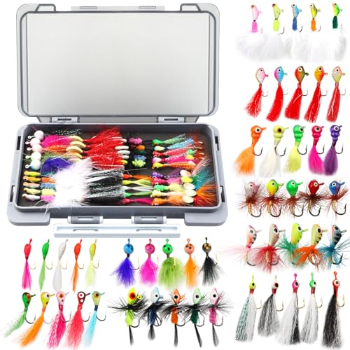 Ice Fishing Jigs Kit 100pcs Lures Bait Icefishing Set Crappie Jig Hooks Gear Accessories for Walleye Panfish with Tackle Box Gifts for Men - color: 50pcs Fly Ice Jig with Lure Box