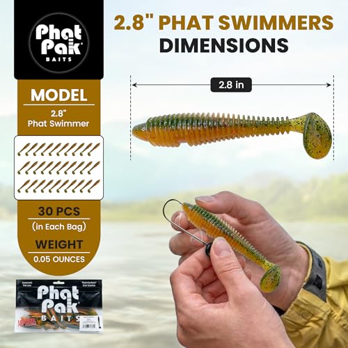 Phat Pak Baits - Phat Swimmer Keitech Style Paddletail Swimbait 2.8" 30ct Ribbed Scented Soft Plastic Bass Fishing Lure - color: Hologram Green Shiner