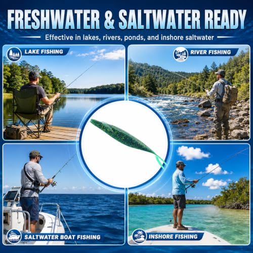 Soft Plastic Jerkbait Fishing Lures, 5 Inch Fluke Style Minnow Swimbaits for Bass, Walleye, Trout & Crappie, Scented Soft Baits for Freshwater & Saltwater, 10 Pack - color: Dark Green