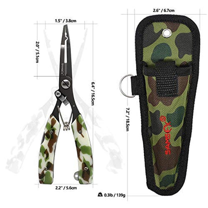 SAMSFX Locking Fishing Pliers Saltwater Resistant Teflon Coated Briad Line Cutters with Wire Coiled Lanyard, Sheath & Quick Knot Tool Combo - color: Army Green Camouflage