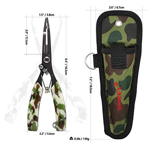 SAMSFX Locking Fishing Pliers Saltwater Resistant Teflon Coated Briad Line Cutters with Wire Coiled Lanyard, Sheath & Quick Knot Tool Combo - color: Army Green Camouflage