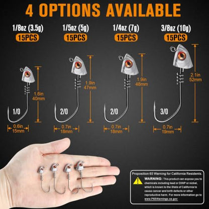 Dovesun 15pack Screw Lock Swimbait Jig Heads 2X Strong High-Carbon Steel Bass Fishing Jigs with 3D Eyes, jig Heads for Fishing Saltwater Freshwater Walleye Trout Crappie 1/8 1/5 1/4 3/8 oz - size: 1/5oz-15Pack