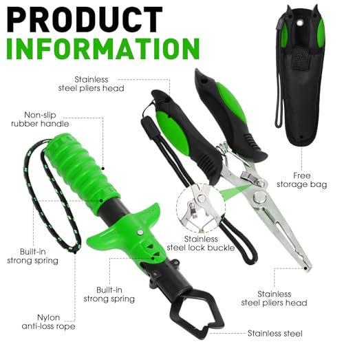 RoundFunny 10 Pcs Fishing Tool Kit, Fishing Pliers with Lanyard and Protective Sheaths, Landing Net, Fillet Knife, Fish Scale, Gripper, Hook Remover, Braid Scissors, Gloves for Men Dad Gift - color: Green