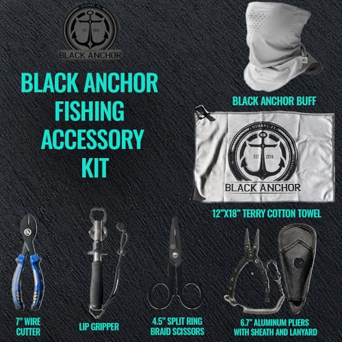 Black Anchor Fishing Accessory Kit | 6.7" Aluminum Plier, Stainless Lip Gripper, Buff Face Shield, Wire Cutter, Split Ring Braid Scissor, Microfiber Towel