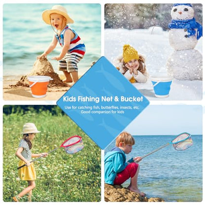 Kids Fishing Net, 2 Pack Telescopic Fishing Landing Net with Aluminum Pole Handle for Kids, Collapsible Bucket Kids Sand Pail, Fishing Net Butterfly Nets for Kids, Outdoor Playing - color: Red Blue