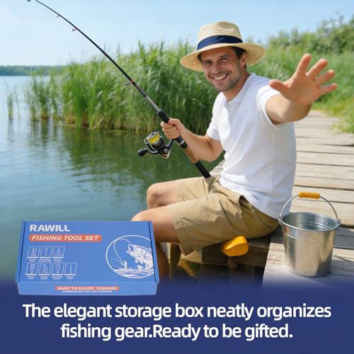 RAWILL Fishing Kit,Filleting Knife,Hook Remover,Fish Grip, Line Cutter,Fishing Scale, Pliers with Lanyards,Not Include Batteries - color: Blue