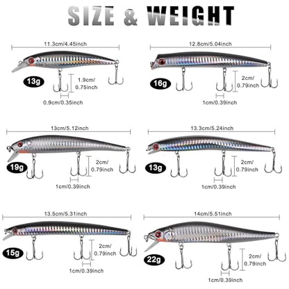 Saltwater Fishing Lure Kit Surf Fishing Popper Minnow Lures Jerkbait Hard Bait Poppers Lure for Striped Plugs Diving Inshore Offshore Ocen Fishing Mackerel Tarpon Barracuda 6PCS/12PCS - color: 12PCS