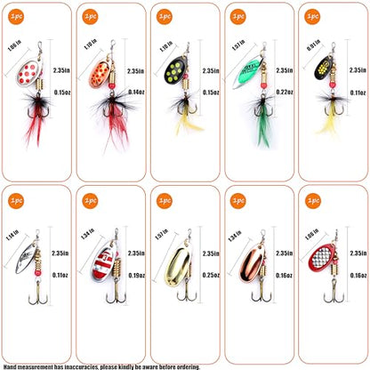 EXAURAFELIS 10/30pcs Fishing Lure Spinnerbait with Feathered Treble Hooks Rooster Tail Fishing Lures Spoon Lures for Bass Salmon Trout Spinner Baits with Tackle Box - color: 10pcs Spinnerbaits