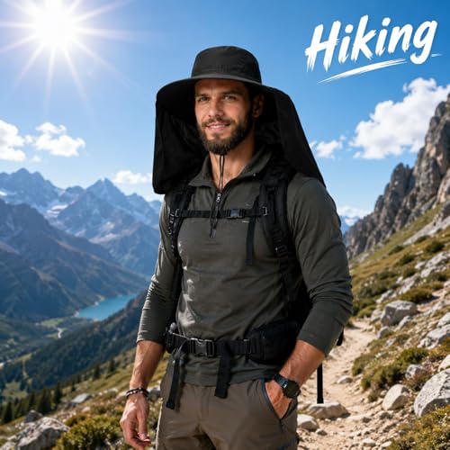 HUAMULAN Women Large Brim Sun Hat with Neck Flap, Men Quick Dry Hiking Fishing Safari Hat UPF 50+ - color: Black Solid