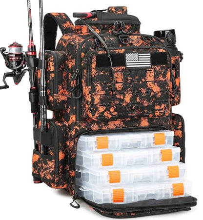 Tactical Fishing Tackle Backpack with Tackle Boxes, Rod Holders & Bottle Holder, 50 L Large Fishing Tackle Box Backpack with Cooler, Fishing Bag with Trays Store Gear & Equipment, Mars CM - color: Mars CM