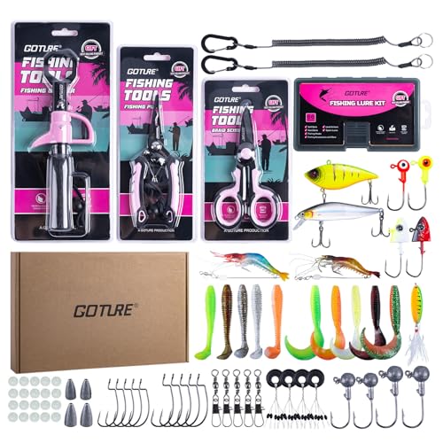 Goture Fishing Tool Kit,Fishing Pliers,Fillet Knife with Sheath,Fish Lip Gripper,Fish Hook Remover,Lanyard,Line Scissors,Sharpener,Stainless Steel Soap,Saltwater Gear Kit,Red/Pink,Gifts for Men/Women - color: B1:6pcs Pink Fishing Tool Kit