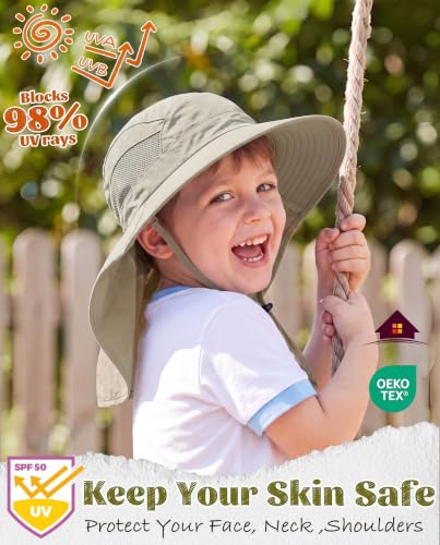 Home Prefer UPF50 Wide Brim Kids Sun Hat Neck Flap Boys Girls Sun Protection Hat for Beach Fishing - color: Khaki, size: 2-4T