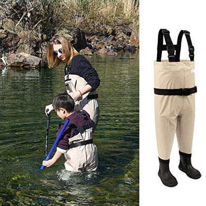 kids to youth waterproof chest waders, Swamp Mudding wader for boys and girls - color: Tan Solid, size: Feet:8C/EU23 ; Height≦90cm