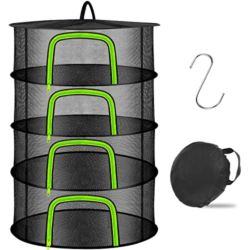Coopache 4 Layer Herb Drying Rack Hanging Mesh Plant Dry Net Basket for Herbs Plants Flower Vegetables Spices Fish Food with Green Zippers