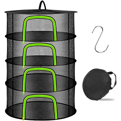 Coopache 4 Layer Herb Drying Rack Hanging Mesh Plant Dry Net Basket for Herbs Plants Flower Vegetables Spices Fish Food with Green Zippers